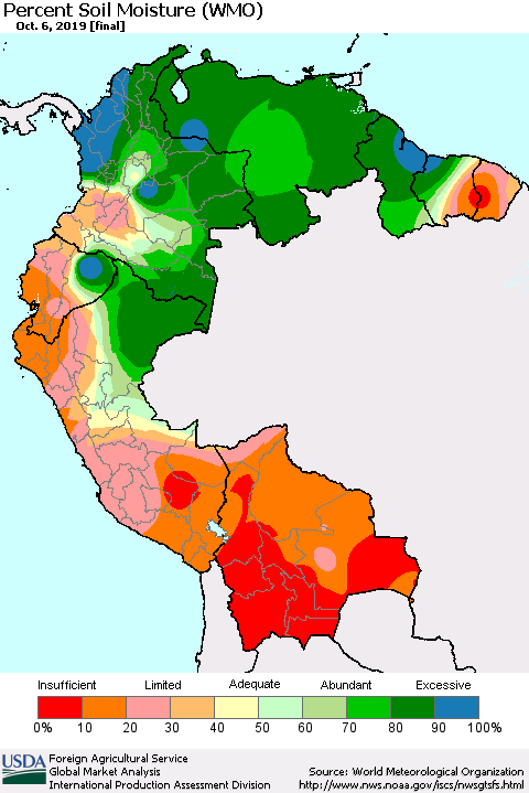 Northern South America Percent Soil Moisture (WMO) Thematic Map For 9/30/2019 - 10/6/2019