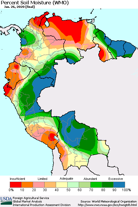 Northern South America Percent Soil Moisture (WMO) Thematic Map For 1/20/2020 - 1/26/2020