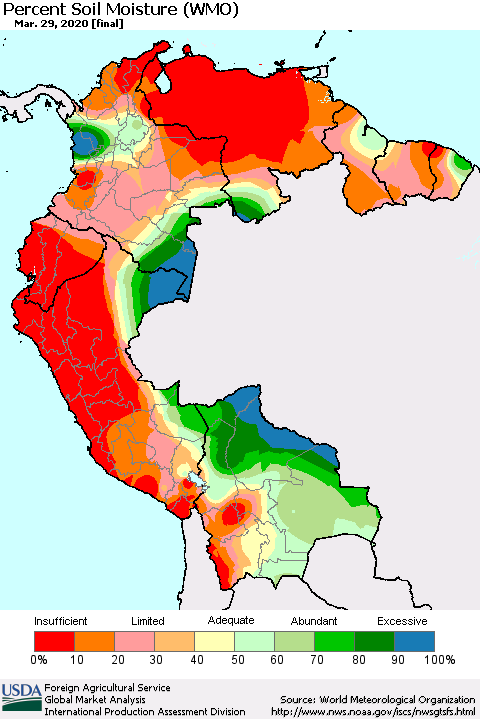 Northern South America Percent Soil Moisture (WMO) Thematic Map For 3/23/2020 - 3/29/2020