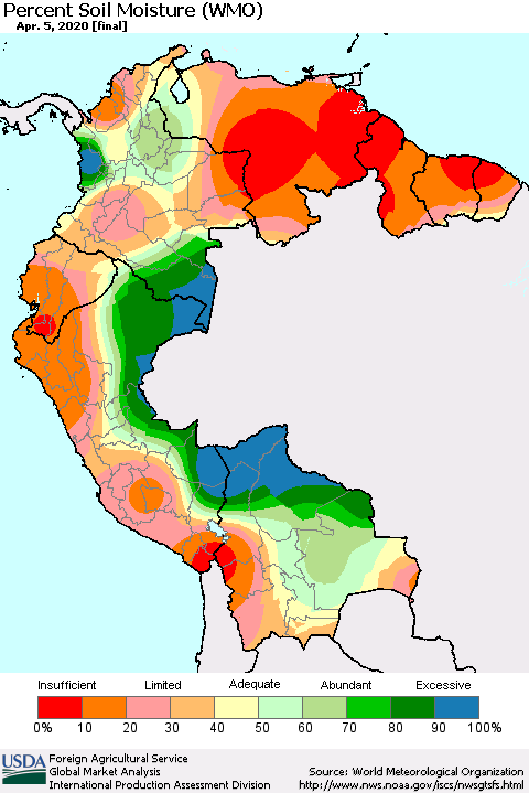 Northern South America Percent Soil Moisture (WMO) Thematic Map For 3/30/2020 - 4/5/2020