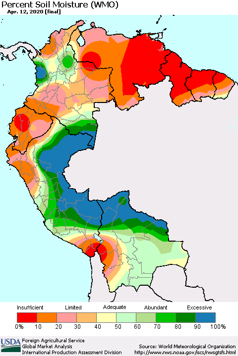 Northern South America Percent Soil Moisture (WMO) Thematic Map For 4/6/2020 - 4/12/2020
