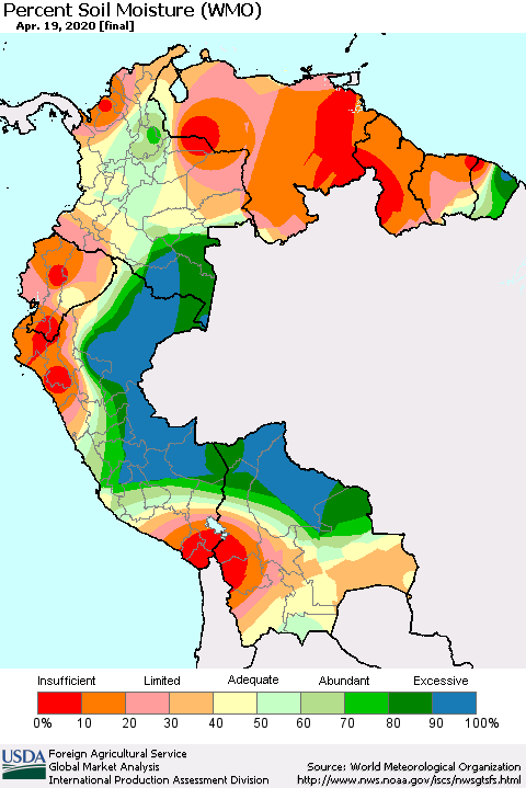 Northern South America Percent Soil Moisture (WMO) Thematic Map For 4/13/2020 - 4/19/2020