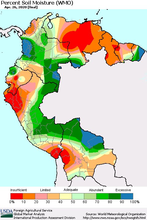 Northern South America Percent Soil Moisture (WMO) Thematic Map For 4/20/2020 - 4/26/2020