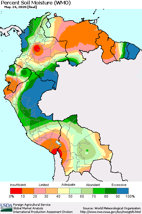Northern South America Percent Soil Moisture (WMO) Thematic Map For 5/18/2020 - 5/24/2020