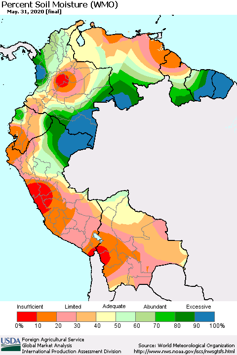 Northern South America Percent Soil Moisture (WMO) Thematic Map For 5/25/2020 - 5/31/2020