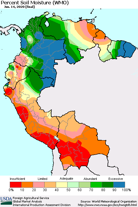 Northern South America Percent Soil Moisture (WMO) Thematic Map For 6/8/2020 - 6/14/2020