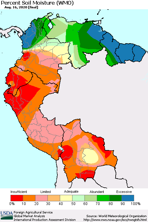 Northern South America Percent Soil Moisture (WMO) Thematic Map For 8/10/2020 - 8/16/2020