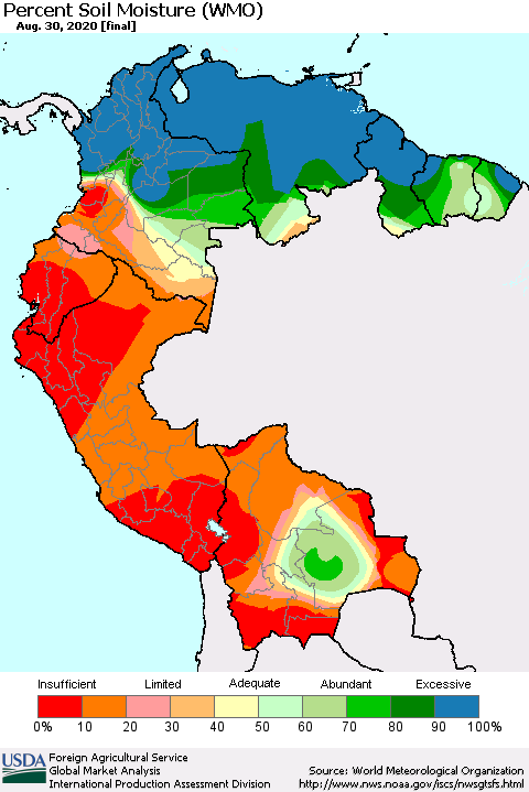 Northern South America Percent Soil Moisture (WMO) Thematic Map For 8/24/2020 - 8/30/2020