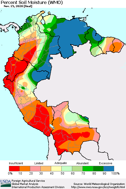 Northern South America Percent Soil Moisture (WMO) Thematic Map For 11/9/2020 - 11/15/2020
