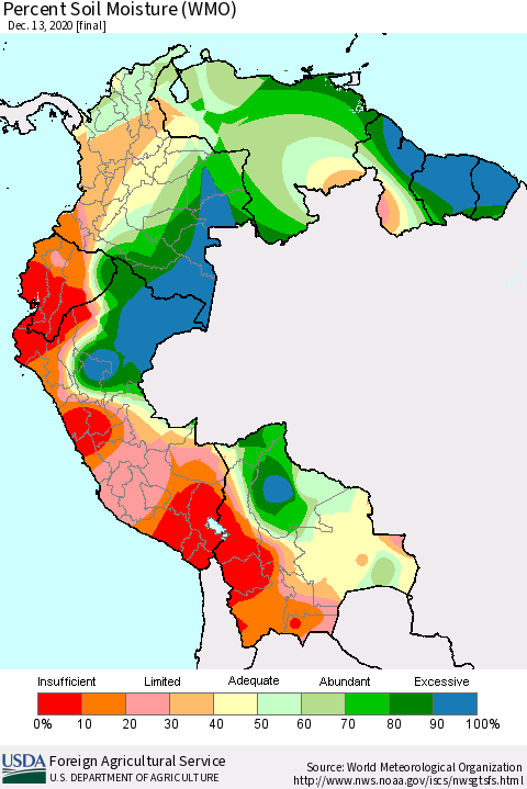 Northern South America Percent Soil Moisture (WMO) Thematic Map For 12/7/2020 - 12/13/2020