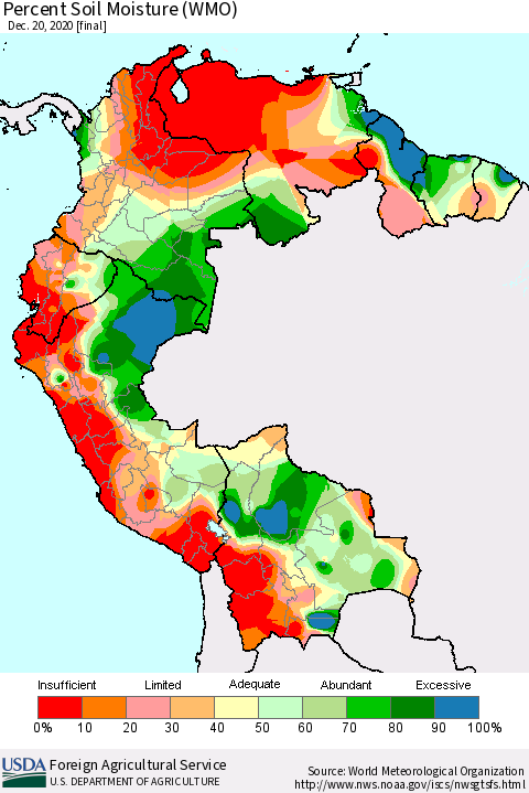 Northern South America Percent Soil Moisture (WMO) Thematic Map For 12/14/2020 - 12/20/2020
