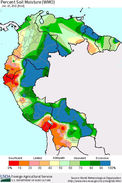 Northern South America Percent Soil Moisture (WMO) Thematic Map For 1/4/2021 - 1/10/2021