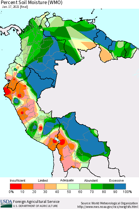 Northern South America Percent Soil Moisture (WMO) Thematic Map For 1/11/2021 - 1/17/2021