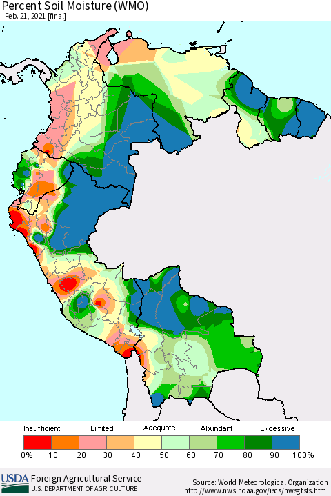 Northern South America Percent Soil Moisture (WMO) Thematic Map For 2/15/2021 - 2/21/2021
