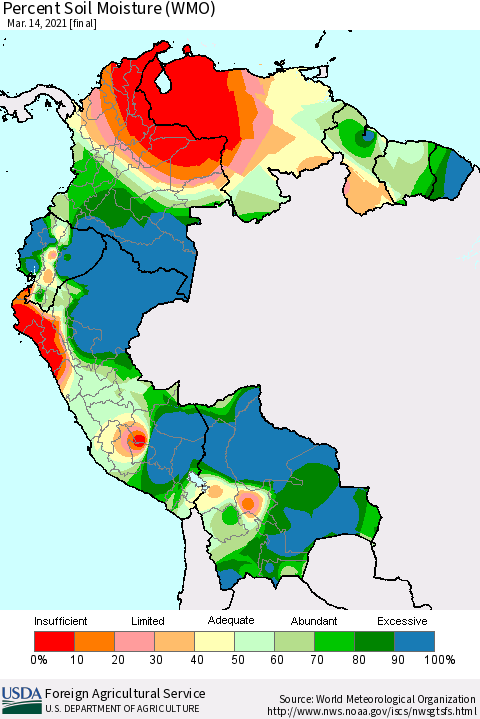 Northern South America Percent Soil Moisture (WMO) Thematic Map For 3/8/2021 - 3/14/2021