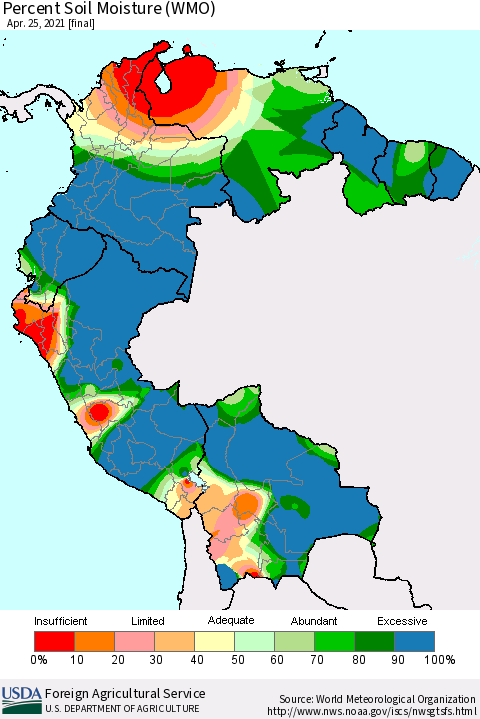 Northern South America Percent Soil Moisture (WMO) Thematic Map For 4/19/2021 - 4/25/2021