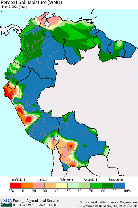 Northern South America Percent Soil Moisture (WMO) Thematic Map For 4/26/2021 - 5/2/2021