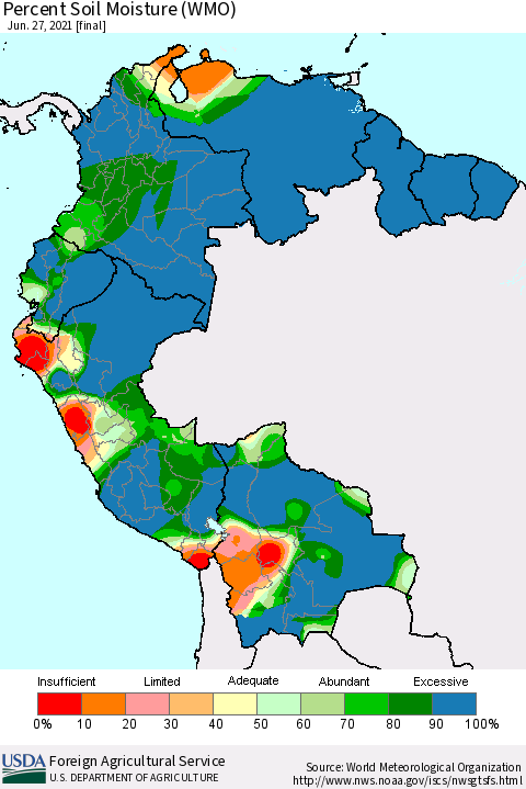 Northern South America Percent Soil Moisture (WMO) Thematic Map For 6/21/2021 - 6/27/2021