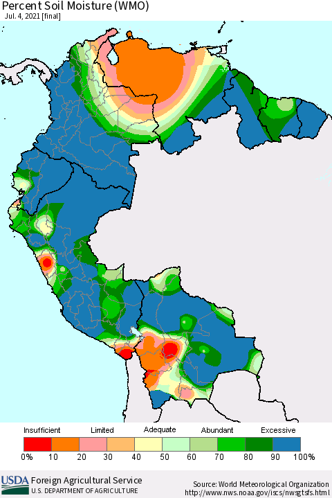 Northern South America Percent Soil Moisture (WMO) Thematic Map For 6/28/2021 - 7/4/2021