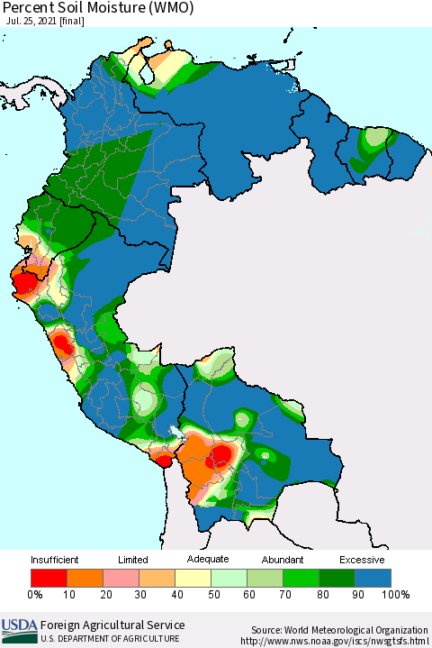 Northern South America Percent Soil Moisture (WMO) Thematic Map For 7/19/2021 - 7/25/2021