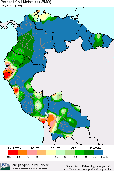Northern South America Percent Soil Moisture (WMO) Thematic Map For 7/26/2021 - 8/1/2021