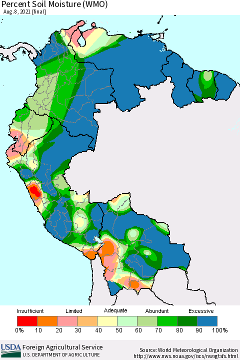 Northern South America Percent Soil Moisture (WMO) Thematic Map For 8/2/2021 - 8/8/2021