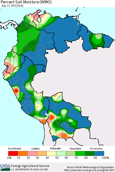 Northern South America Percent Soil Moisture (WMO) Thematic Map For 8/9/2021 - 8/15/2021