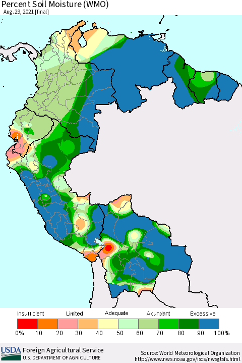 Northern South America Percent Soil Moisture (WMO) Thematic Map For 8/23/2021 - 8/29/2021