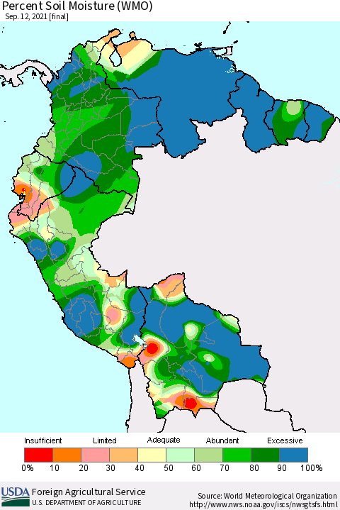Northern South America Percent Soil Moisture (WMO) Thematic Map For 9/6/2021 - 9/12/2021