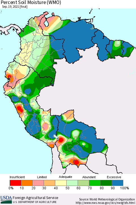 Northern South America Percent Soil Moisture (WMO) Thematic Map For 9/13/2021 - 9/19/2021
