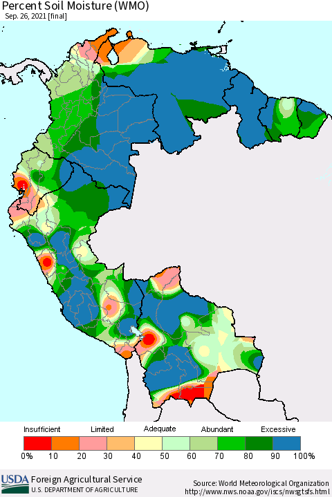 Northern South America Percent Soil Moisture (WMO) Thematic Map For 9/20/2021 - 9/26/2021