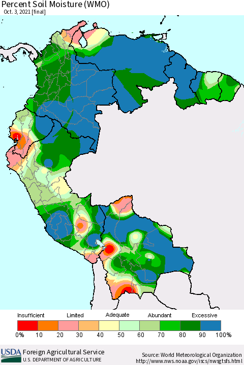 Northern South America Percent Soil Moisture (WMO) Thematic Map For 9/27/2021 - 10/3/2021