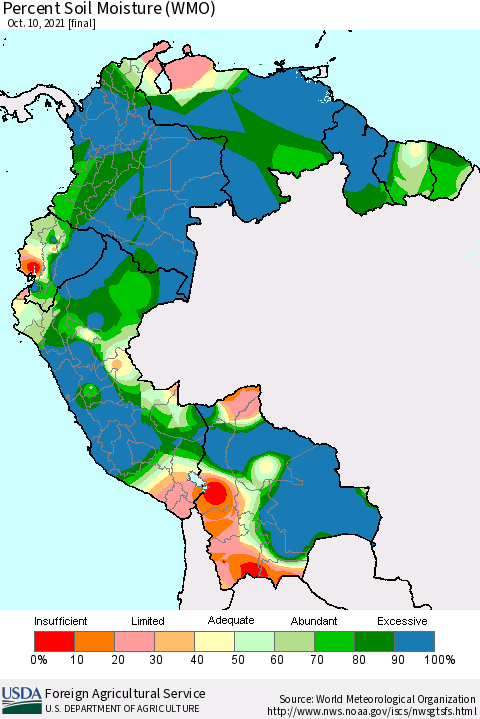 Northern South America Percent Soil Moisture (WMO) Thematic Map For 10/4/2021 - 10/10/2021