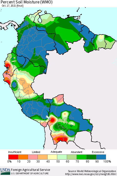 Northern South America Percent Soil Moisture (WMO) Thematic Map For 10/11/2021 - 10/17/2021