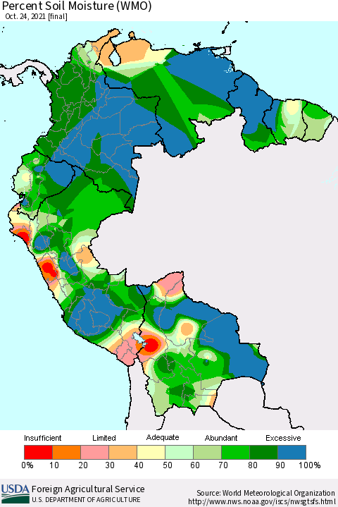 Northern South America Percent Soil Moisture (WMO) Thematic Map For 10/18/2021 - 10/24/2021