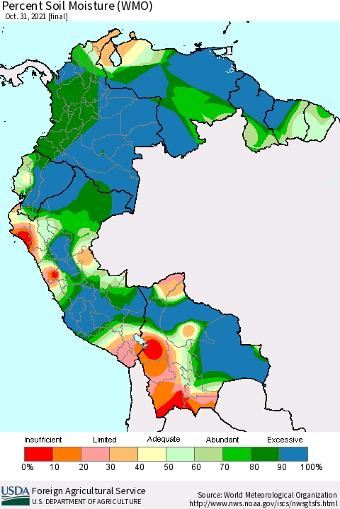 Northern South America Percent Soil Moisture (WMO) Thematic Map For 10/25/2021 - 10/31/2021