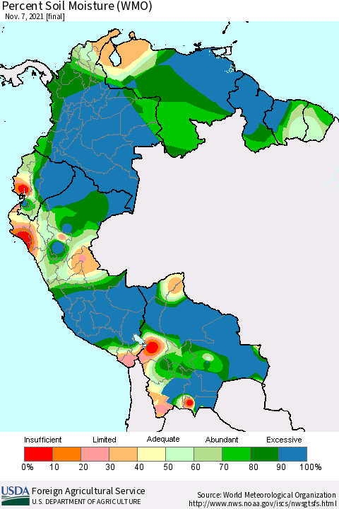 Northern South America Percent Soil Moisture (WMO) Thematic Map For 11/1/2021 - 11/7/2021