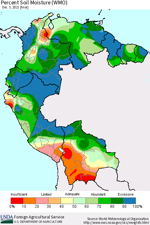 Northern South America Percent Soil Moisture (WMO) Thematic Map For 11/29/2021 - 12/5/2021
