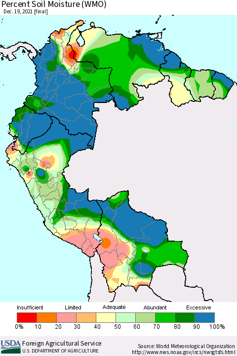 Northern South America Percent Soil Moisture (WMO) Thematic Map For 12/13/2021 - 12/19/2021