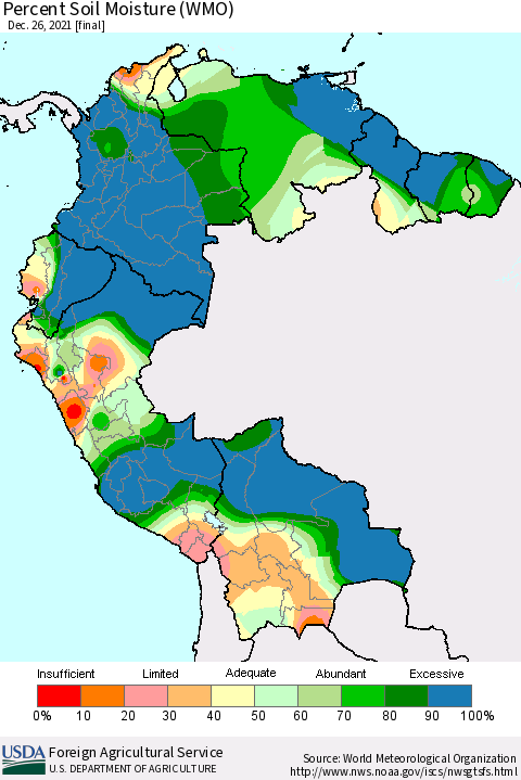 Northern South America Percent Soil Moisture (WMO) Thematic Map For 12/20/2021 - 12/26/2021