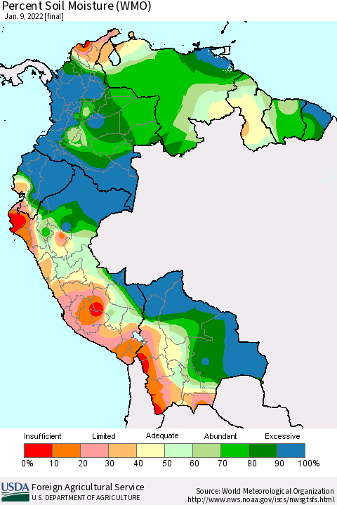 Northern South America Percent Soil Moisture (WMO) Thematic Map For 1/3/2022 - 1/9/2022