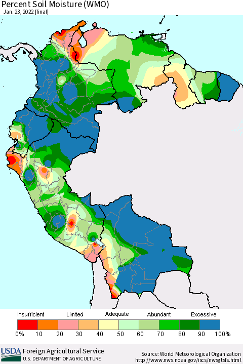 Northern South America Percent Soil Moisture (WMO) Thematic Map For 1/17/2022 - 1/23/2022