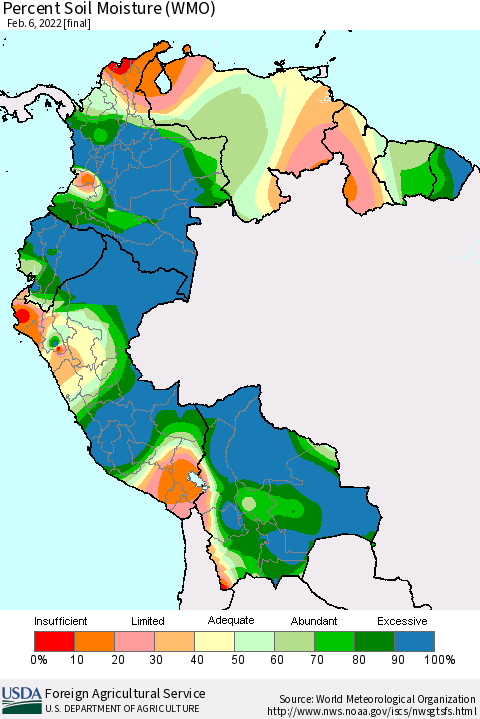 Northern South America Percent Soil Moisture (WMO) Thematic Map For 1/31/2022 - 2/6/2022