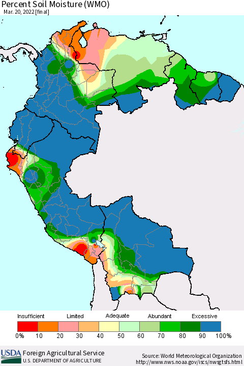Northern South America Percent Soil Moisture (WMO) Thematic Map For 3/14/2022 - 3/20/2022