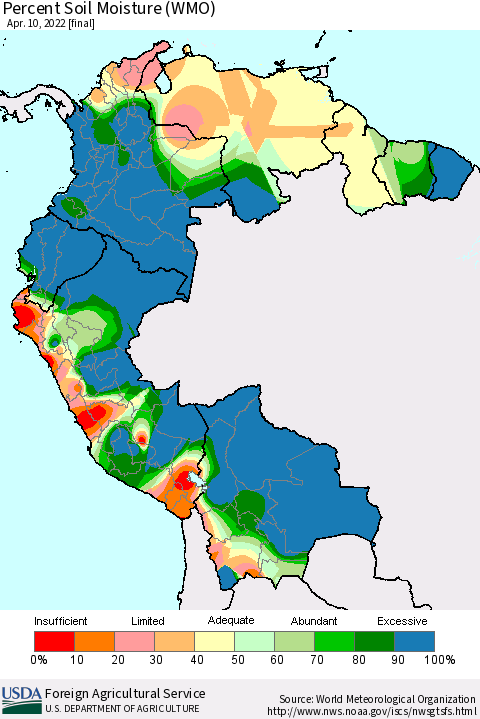 Northern South America Percent Soil Moisture (WMO) Thematic Map For 4/4/2022 - 4/10/2022