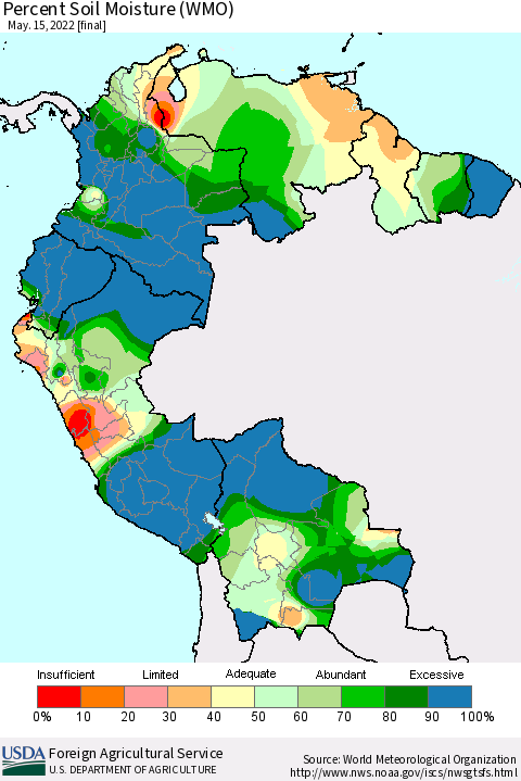 Northern South America Percent Soil Moisture (WMO) Thematic Map For 5/9/2022 - 5/15/2022