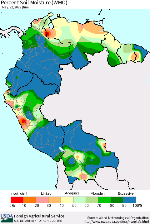 Northern South America Percent Soil Moisture (WMO) Thematic Map For 5/16/2022 - 5/22/2022