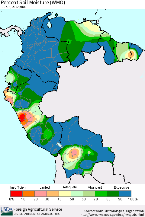 Northern South America Percent Soil Moisture (WMO) Thematic Map For 5/30/2022 - 6/5/2022