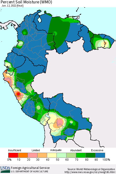 Northern South America Percent Soil Moisture (WMO) Thematic Map For 6/6/2022 - 6/12/2022