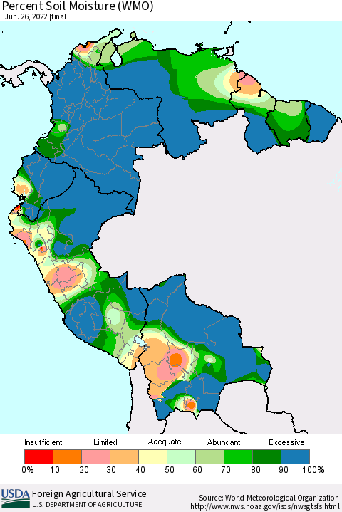 Northern South America Percent Soil Moisture (WMO) Thematic Map For 6/20/2022 - 6/26/2022